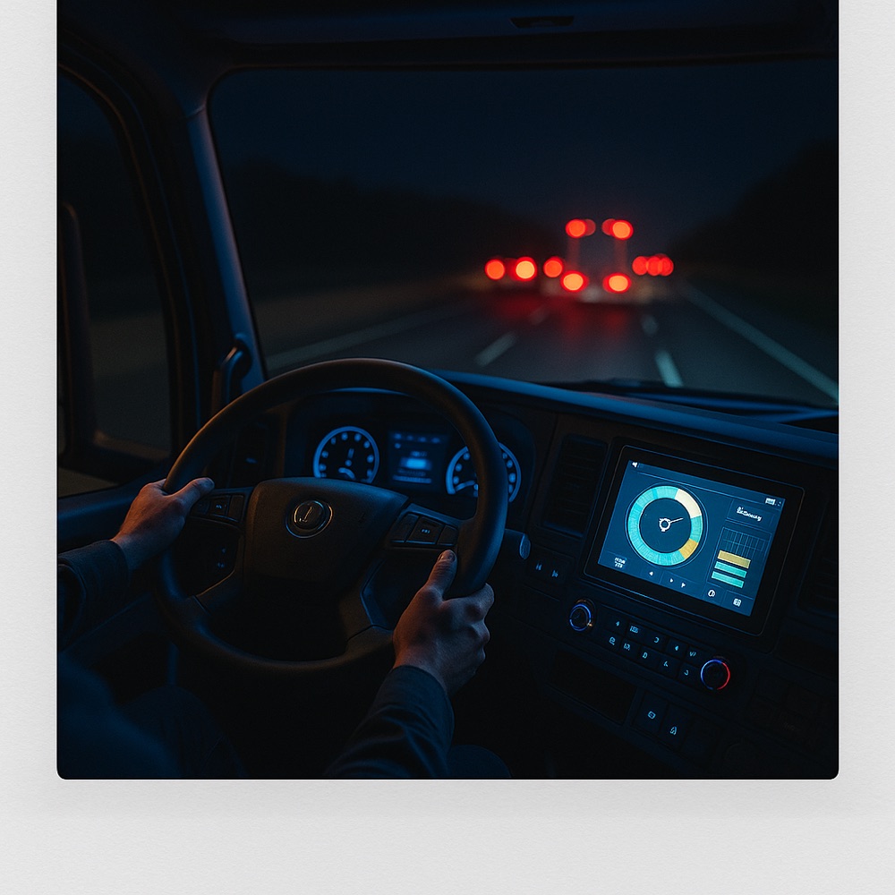 Кабина современного трака 2026 года с ELD-планшетом и навигацией